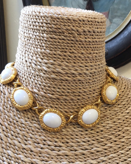 Vintage 1980s Monet choker white glass necklace gold finish chunky