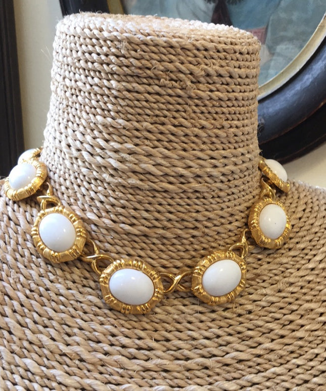Vintage 1980s Monet choker white glass necklace gold finish chunky