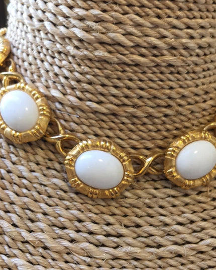 Vintage 1980s Monet choker white glass necklace gold finish chunky