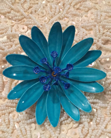 Vintage 1960s Blue Metal flower enamel brooch