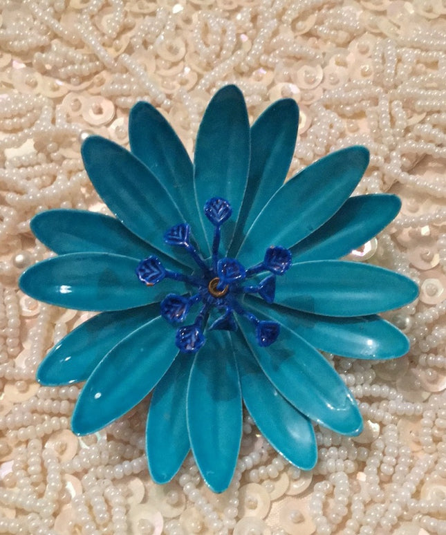 Vintage 1960s Blue Metal flower enamel brooch