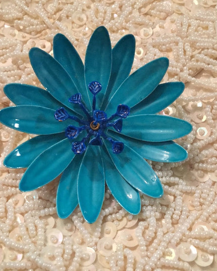 Vintage 1960s Blue Metal flower enamel brooch