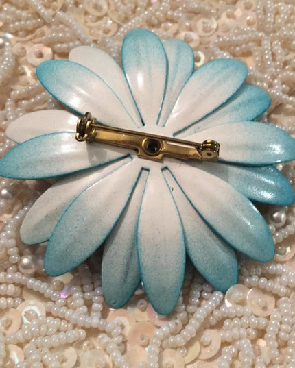 Vintage 1960s Blue Metal flower enamel brooch