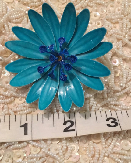 Vintage 1960s Blue Metal flower enamel brooch