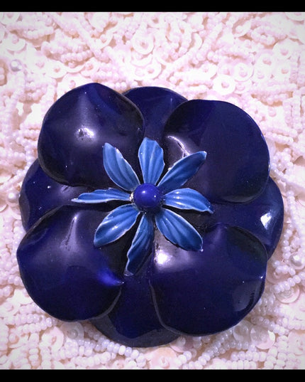 Vintage Dark Blue enamel metal flower brooch