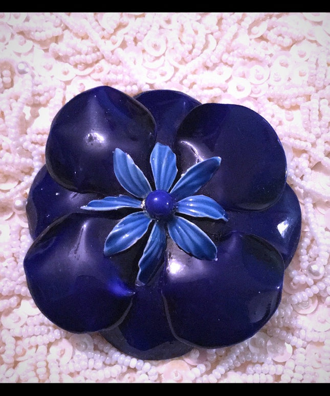 Vintage Dark Blue enamel metal flower brooch