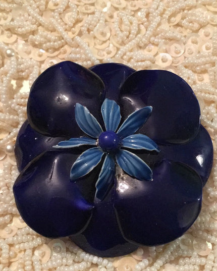 Vintage Dark Blue enamel metal flower brooch