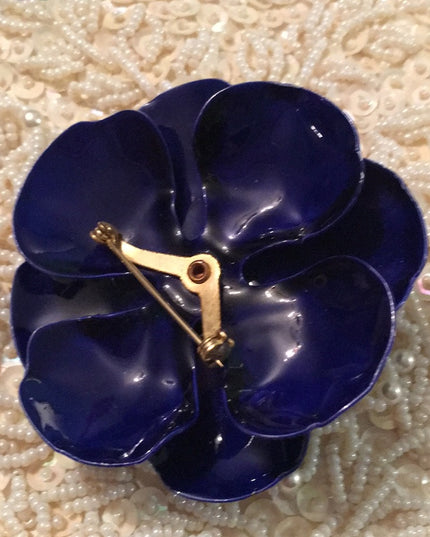 Vintage Dark Blue enamel metal flower brooch
