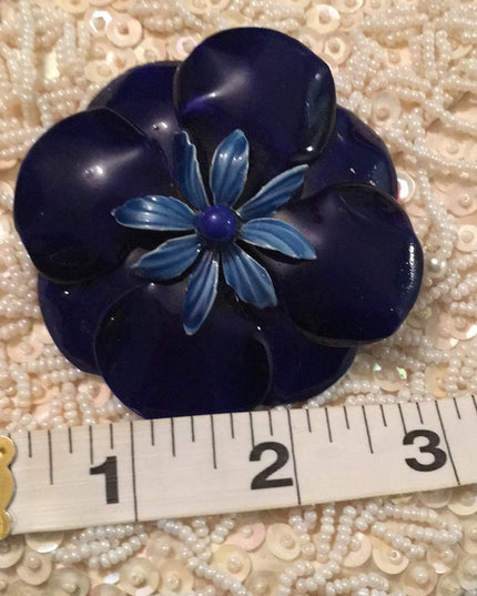 Vintage Dark Blue enamel metal flower brooch