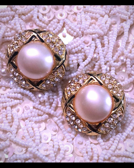 Vintage heavy gold rhinestone faux pearl earrings