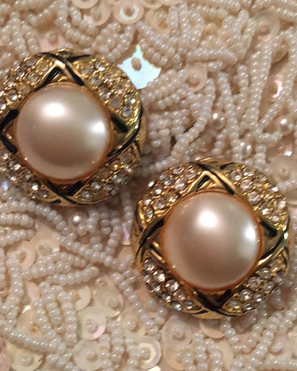 Vintage heavy gold rhinestone faux pearl earrings