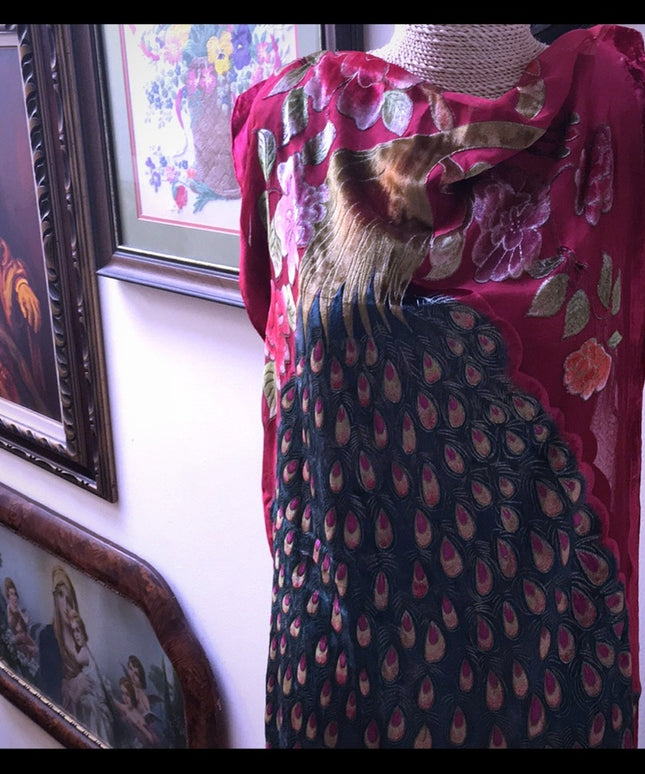 BOHO silk fringe long shawl scarf wrap PEACOCK
