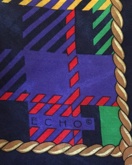 Echo silk Plaid scarf 1980s Vintage print tassel