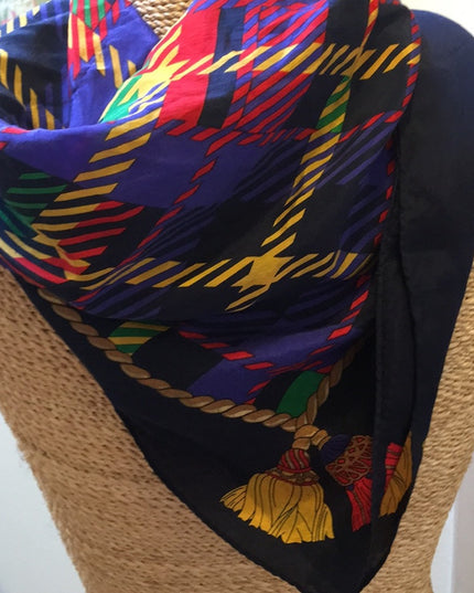 Echo silk Plaid scarf 1980s Vintage print tassel