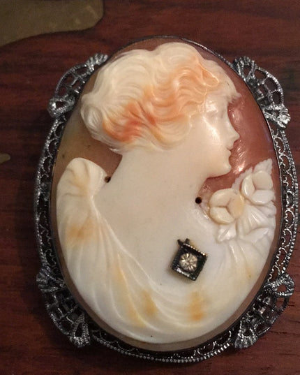 Antique Sterling silver 925 ornate Large Shell Cameo Brooch
