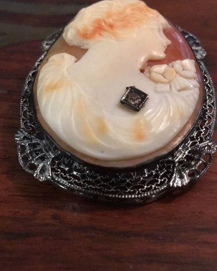 Antique Sterling silver 925 ornate Large Shell Cameo Brooch