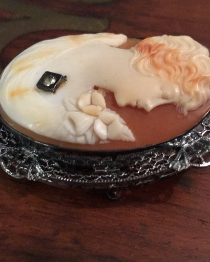 Antique Sterling silver 925 ornate Large Shell Cameo Brooch