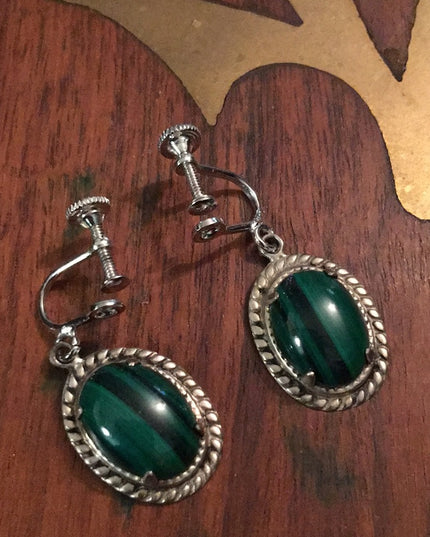 VTG Sterling silver Malachite Screw back earrings