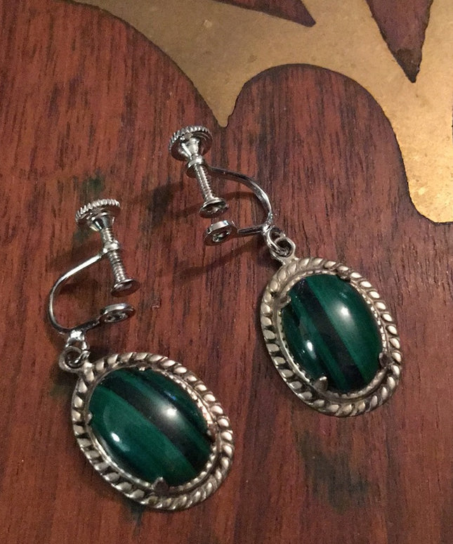 VTG Sterling silver Malachite Screw back earrings