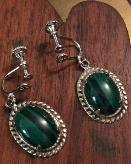VTG Sterling silver Malachite Screw back earrings