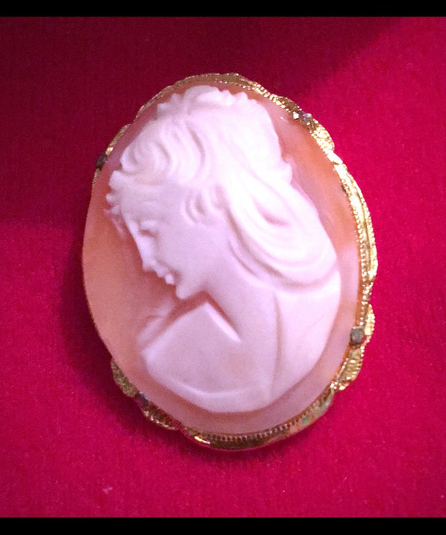 Vintage shell carved Gold plated cameo brooch