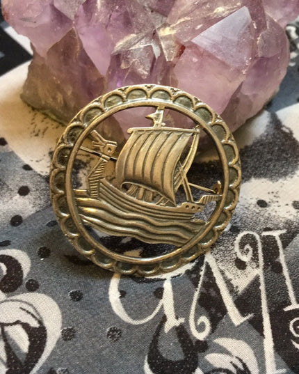 Vintage silver Nordic ship sail brooch nautical Scandanavian ship
