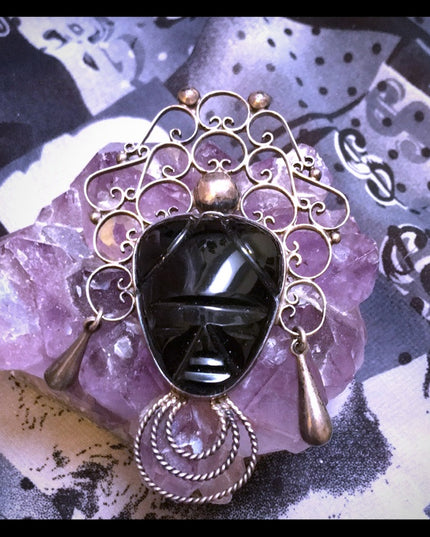 VTG sterling silver Aztec black onyx brooch LG
