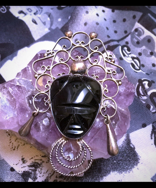 VTG sterling silver Aztec black onyx brooch LG