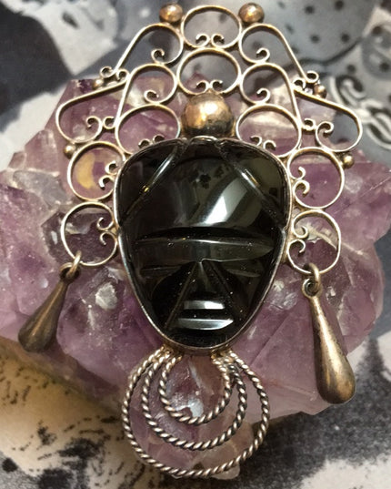 VTG sterling silver Aztec black onyx brooch LG
