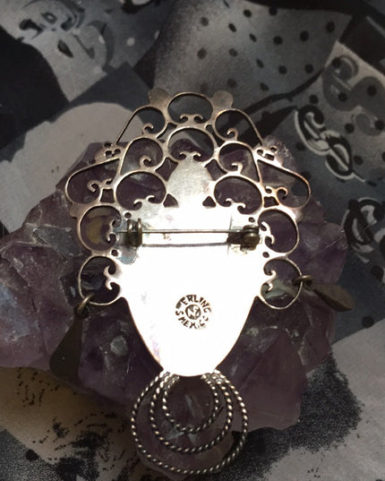 VTG sterling silver Aztec black onyx brooch LG