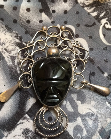 VTG sterling silver Aztec black onyx brooch LG