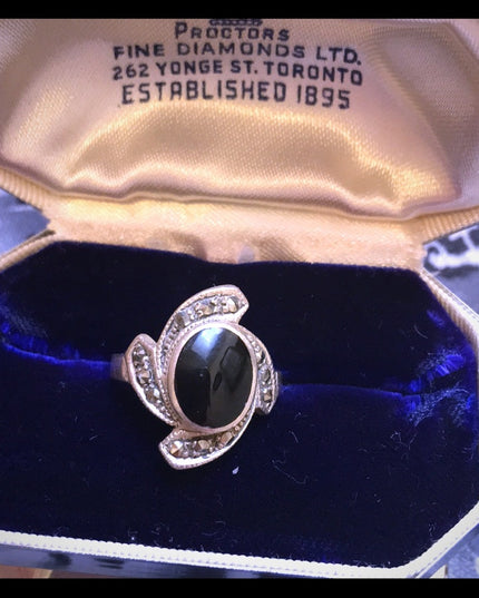 VTG Sterling 925 marcasite black onyx fancy oval ring