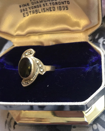 VTG Sterling 925 marcasite black onyx fancy oval ring
