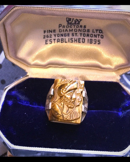Antique sterling Tiger eye trojan cameo ring