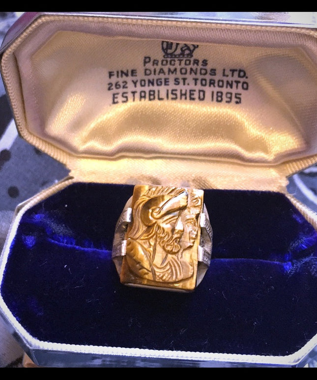 Antique sterling Tiger eye trojan cameo ring