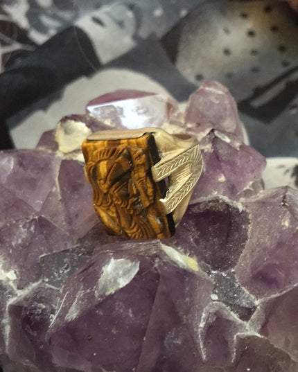 Antique sterling Tiger eye trojan cameo ring