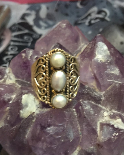 Sterling silver ornate design oblong 925 fancy pearl ring