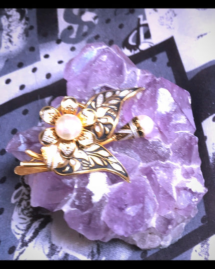 Vintage Damascene Spain Gold pearl flower brooch