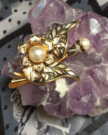Vintage Damascene Spain Gold pearl flower brooch