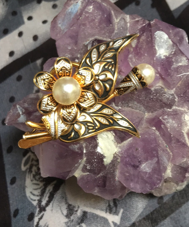 Vintage Damascene Spain Gold pearl flower brooch