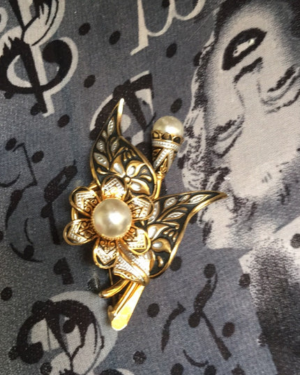 Vintage Damascene Spain Gold pearl flower brooch