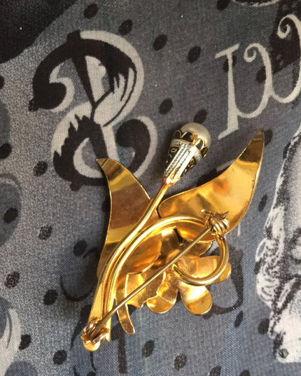 Vintage Damascene Spain Gold pearl flower brooch
