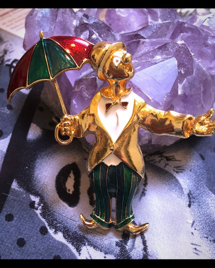Vintage gold tone enamel clown umbrella brooch