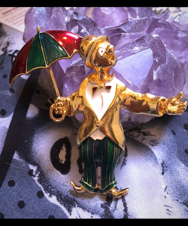 Vintage gold tone enamel clown umbrella brooch