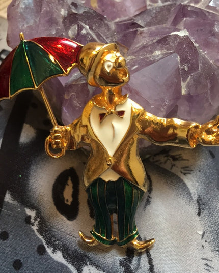Vintage gold tone enamel clown umbrella brooch