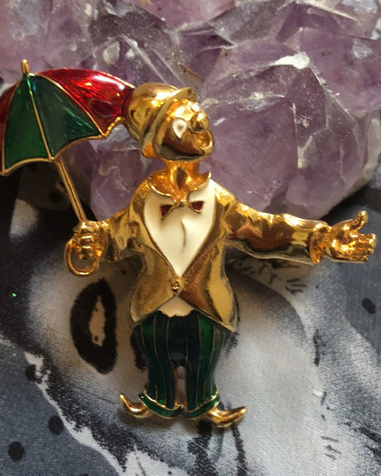 Vintage gold tone enamel clown umbrella brooch