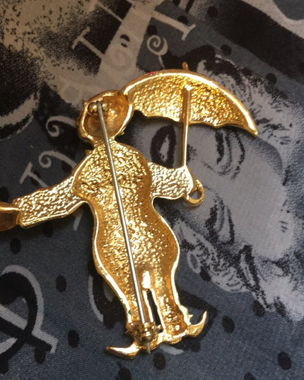 Vintage gold tone enamel clown umbrella brooch