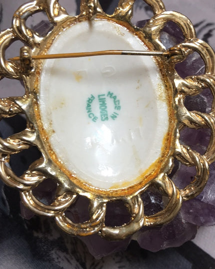 Vintage Limoges France large ceramic cameo brooch