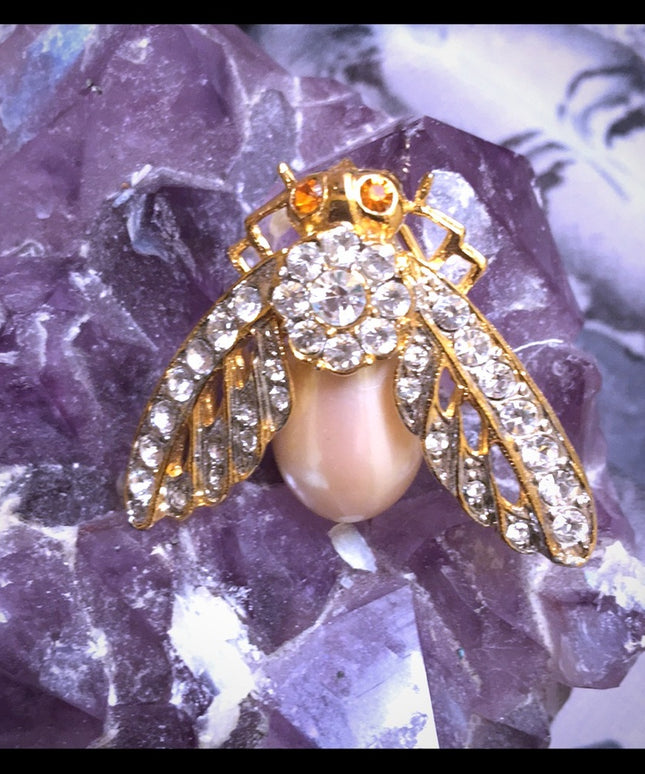 VTG crystal gold faux pearl bug fly brooch