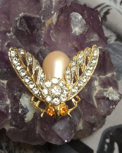 VTG crystal gold faux pearl bug fly brooch
